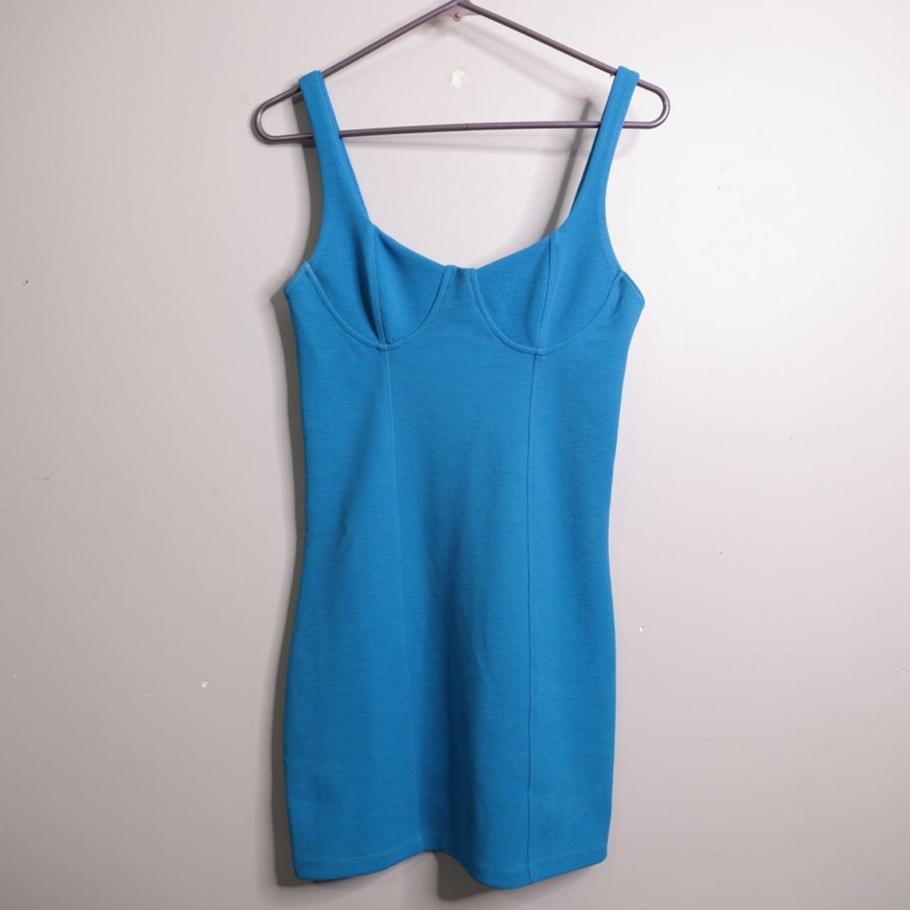 Zara Sleeveless Corset Stitch Bodycon Mini Dress Stretch Aqua Blue Med Milkmaid‎
